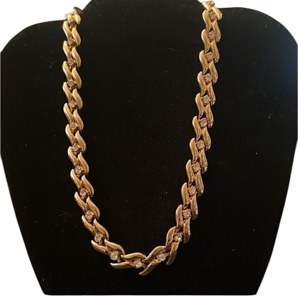 Vintage gold colored with crystals necklace & matching pierced earrings set EVC